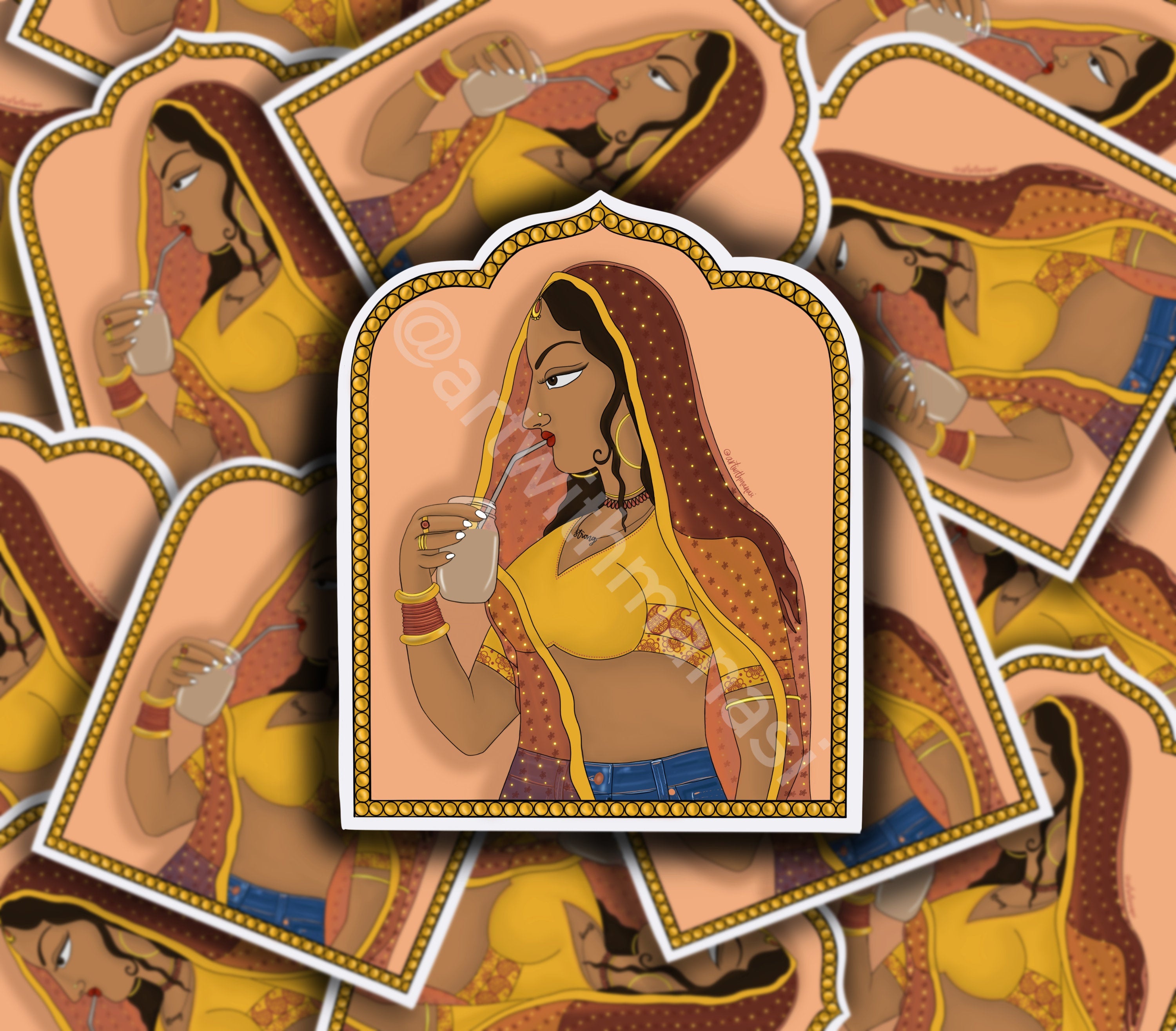 Sticker: Rajasthani Rani Drinking Iced Coffee